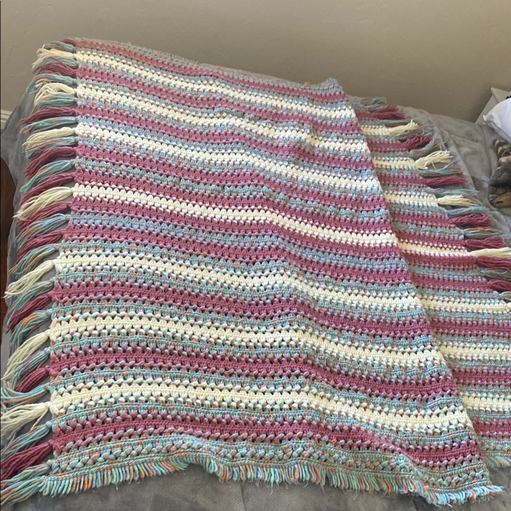 New- Never used! Striped Hand Crocheted Blanket with Fringe, Baby Shower Gift